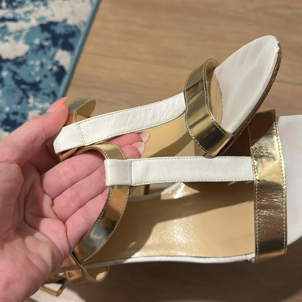 KATE SPADE NY White/Gold Chunky Block Heel Sandals Size 10
